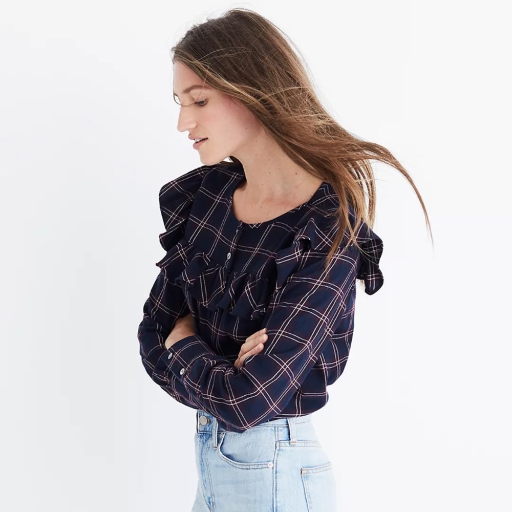 Madewell Red and Blue Plaid Ruffle Collar Yoke Blouse Size Large